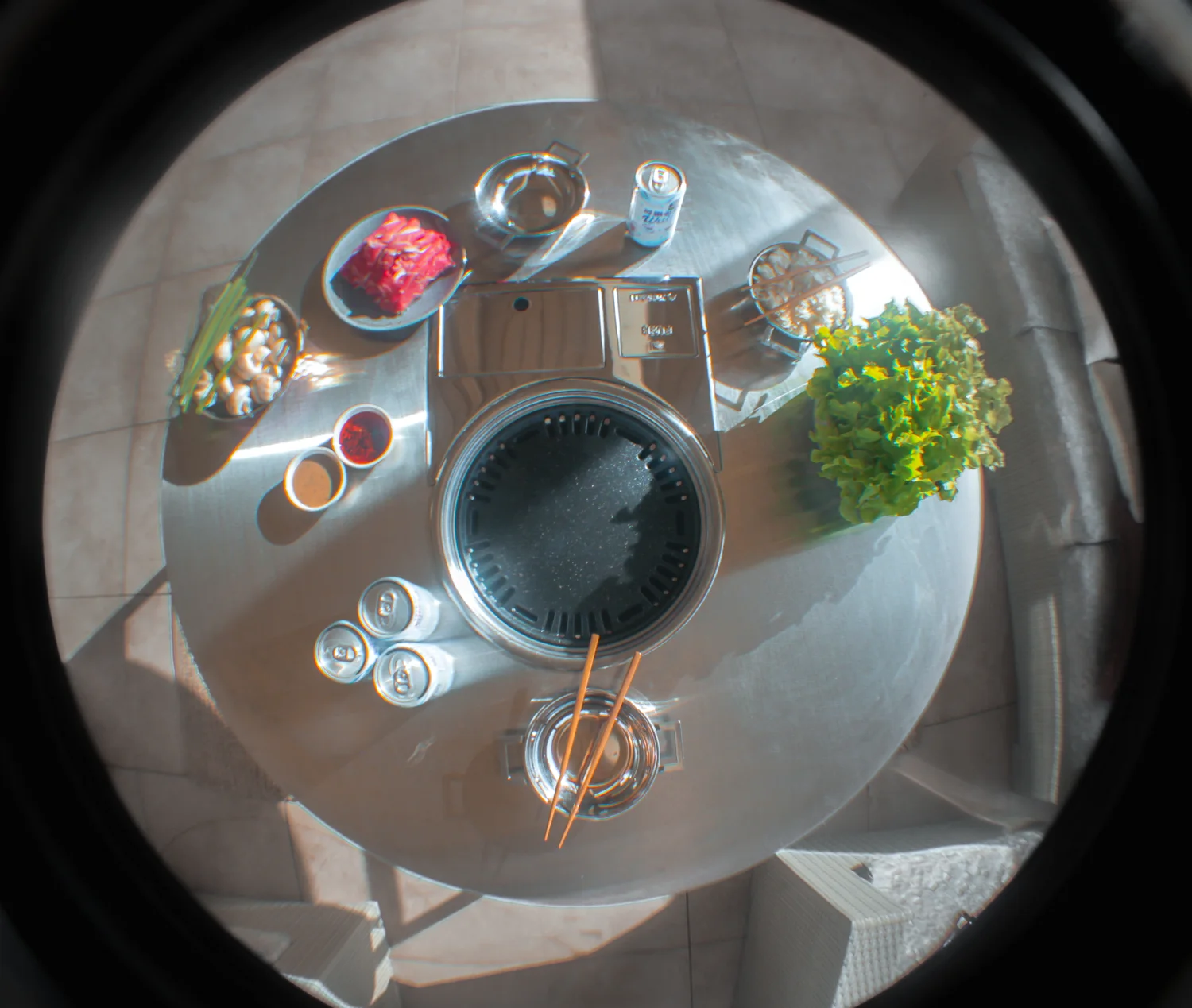 The Gachi Grill table shot through a fisheye lens