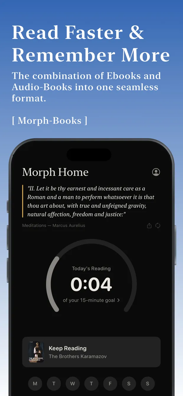 Morph Books home screen with a daily reading timer