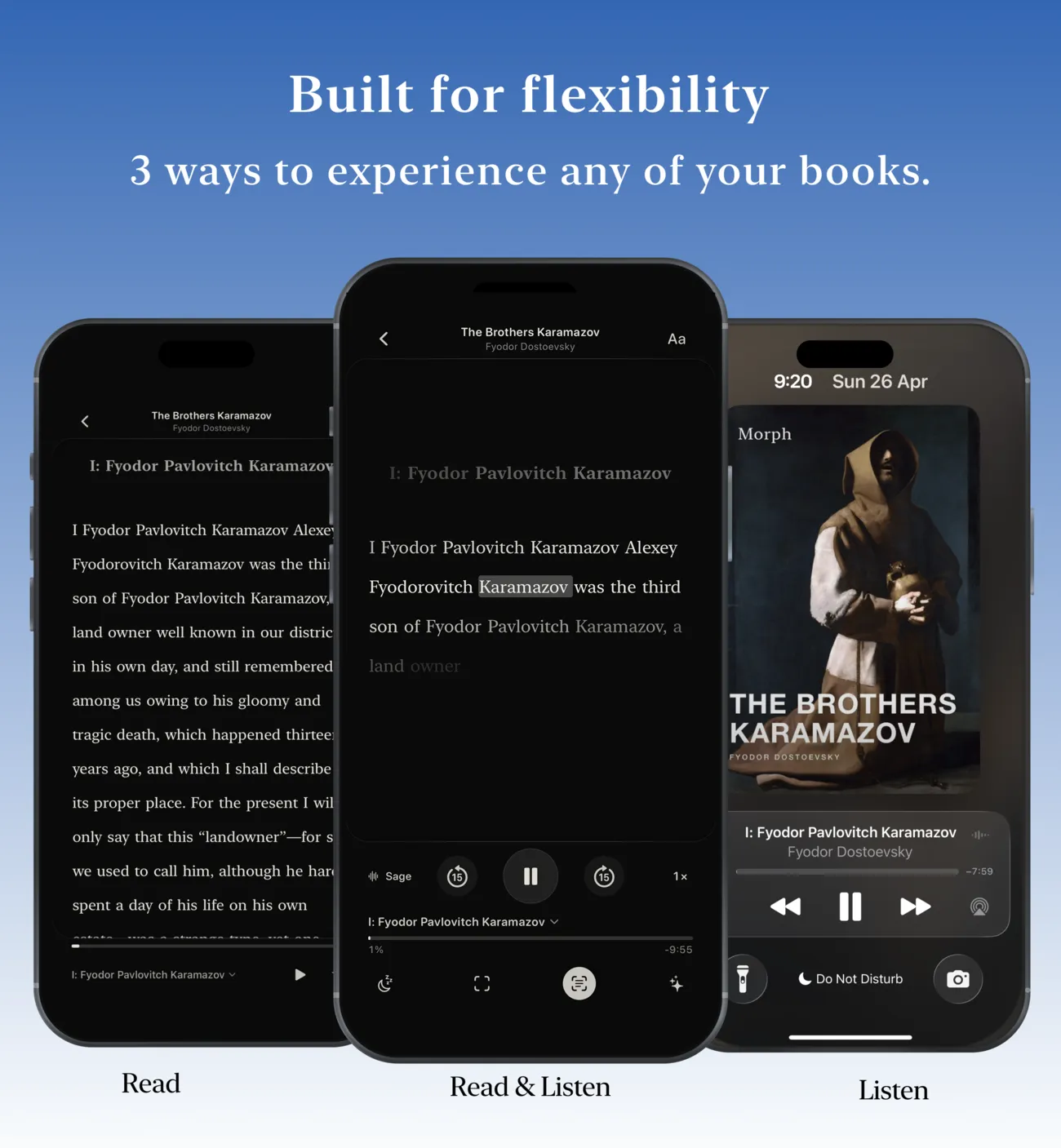 Morph Books on three phones showing read, read and listen, and listen modes