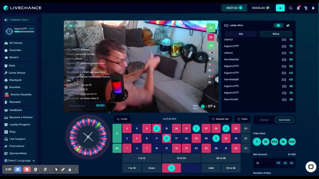 The LiveChance platform with a streamer and roulette table